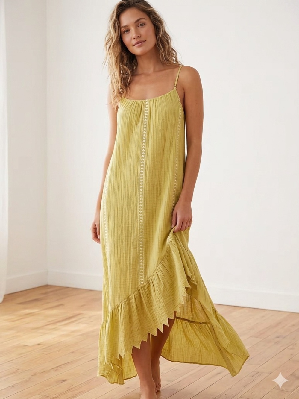 ZARA Embroidered Crinkle Gauze Maxi Dress Yellow Boho Resort